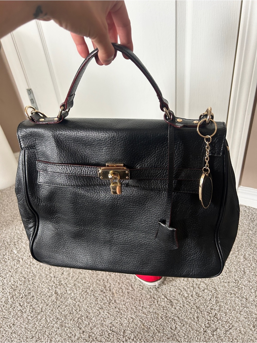Pegabo Black Genuine Leather Kelly Style Top Handle Satchel / Crossbody - Picture 6 of 9